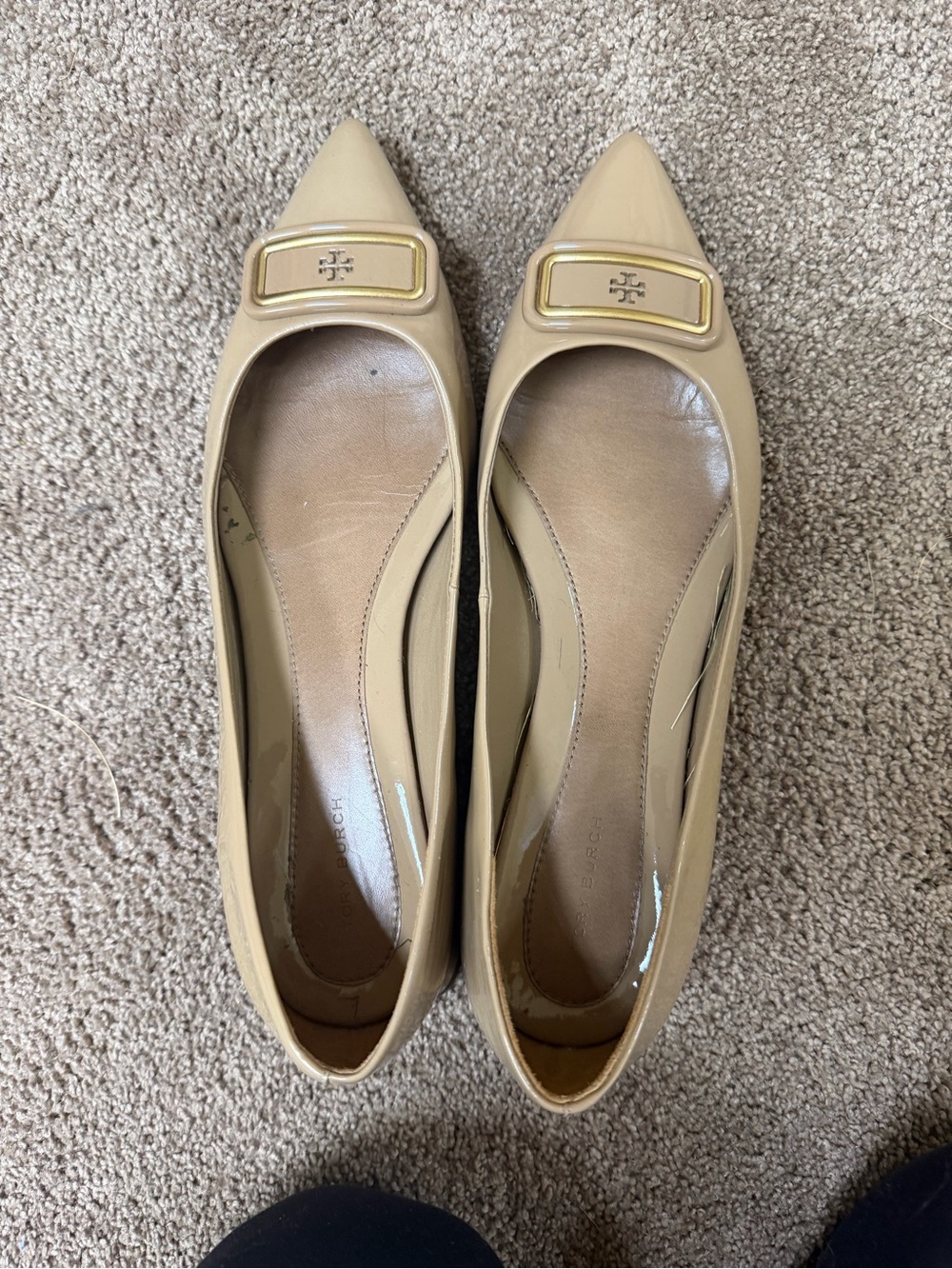 Tory Burch Beige Patent Pointed-Toe Flats with Gold Buckle